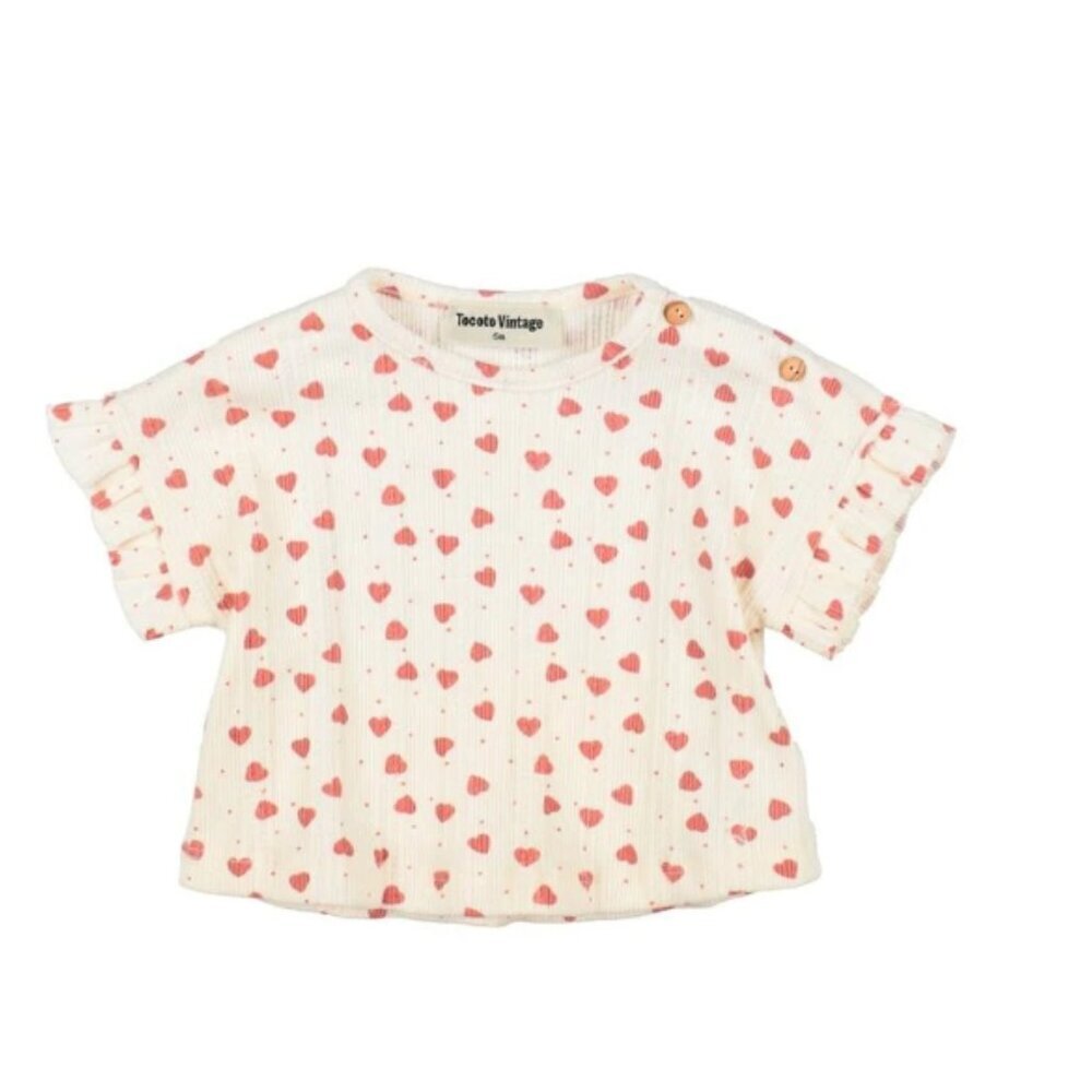 Tocoto Vintage Heart Print Tee Shirt Ruffle Sleeves Little Girl 9 Months